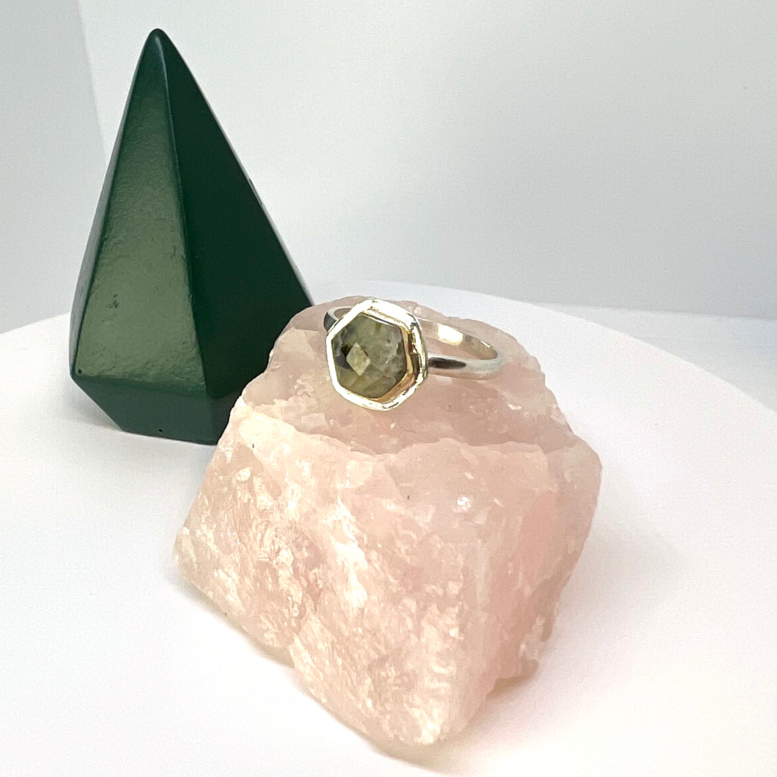 Mixed Metal Moss Agate Geometric Ring
