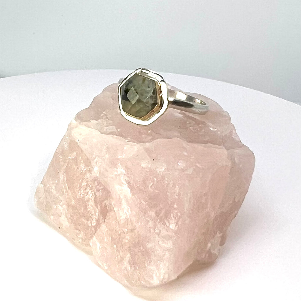 Mixed Metal Moss Agate Geometric Ring