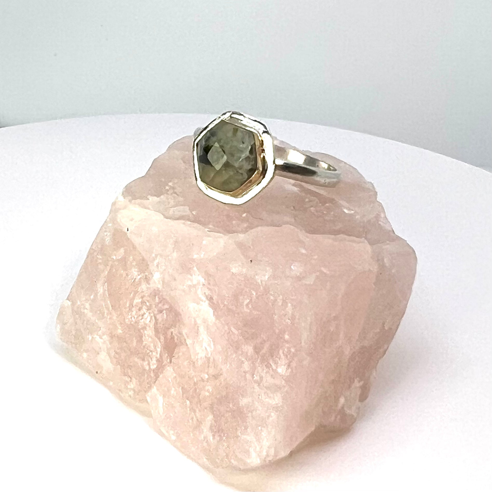 Mixed Metal Moss Agate Geometric Ring